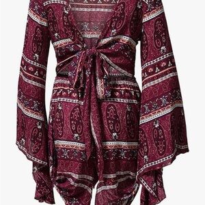 Women Other Burgundy Tie-Front Boho Romper